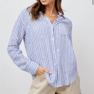NWT Rails Blue Stripe Daisy Embroidery Linen Blend Button Down
